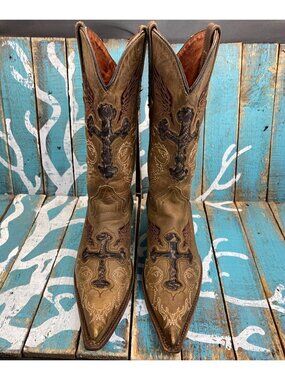 Big Bull Womans Sequined Inlay Distressed Pointed Toe Western Boots Sz 23/US 6
